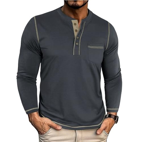 Mens Long Sleeve Henley Shirts Casual Button T-Shirt Stylish Pullover Tee Shirt with Pocket
