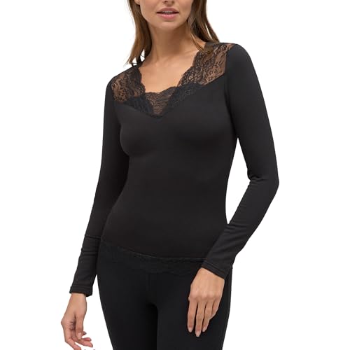 YSABEL MORA Camiseta Térmica Cuello Pico con Encaje Elegante y Femenina para Mujer, Confortable y Suave, Ideal para Climas Fríos, Versátil para Uso Interior o Exterior, Diseño Liso y Sofisticado