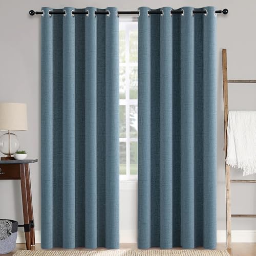Image of MIULEE Linen Texture Curtains for Bedroom Solid 100% Blackout Thermal Insulated Dusty Blue Curtains Grommet Room Darkening Curtains /Draperies for Living Room 52x108 Inch (2 Panels)