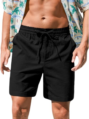 Image of RQP Mens Cotton Linen Shorts Casual Drawstring 7inch Inseam Shorts Stretch Summer Beach Wear