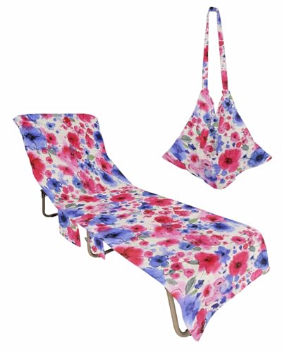 Red Blue Floral Beach Chair Towel Covers for Chaise Lounge with Side Pocket, Soft Plush Pool Towels Cover for Patio Sunbathing Outdoor 29''x85'' Independence Day Farmhouse Botanical
