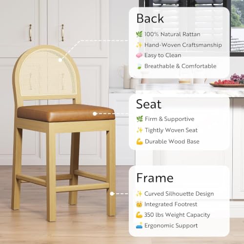 Image of STHOUYN Upholstered Rattan Bar Stools Set of 4, Wooden Island Chairs, Brown