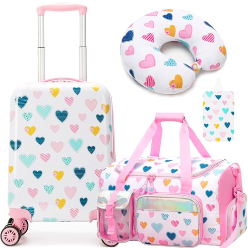 HTgroce 3Pcs Maleta de Viaje Cabina Infantil con Bolsa de Deporte Niña, Almohada para Cuello, Etiqueta de Equipaje, Equipaje de Mano