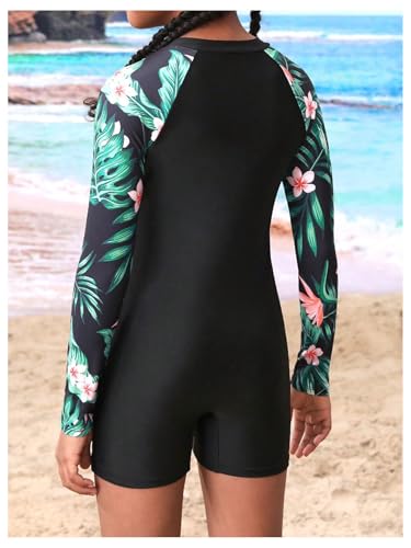 SweatyRocks Girl's Rash Guard Hawaiian One Piece Swimsuit Sun Protection Zipper Long Sleeve Bathing Suit2