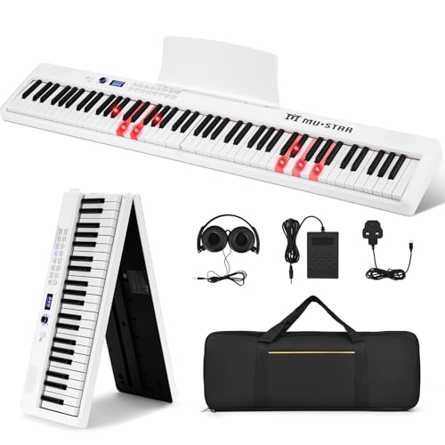 MUSTAR 88 Tasten Faltbares Klavier mit Beleuchteter Tasten, Halbgewichtige Digital Piano, Tragbares E-piano mit Bluetooth, MIDI, Sustain Pedal, Kopfhörer für Anfänger, Weiß