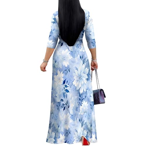 Image of PinkPatty Plus Size Maxi Dress for Women Casual V Neck 3 /4 Sleeve Boho Printed Long Dress with Pockets