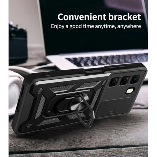 Image of Spazy Case Infinix Hot 60 Back Cover | Heavy Duty Hybrid Case with 360 Degree Rotating Finger Ring Holder + Slider Shutter Camera Protection Case for Infinix Hot 60 - Black