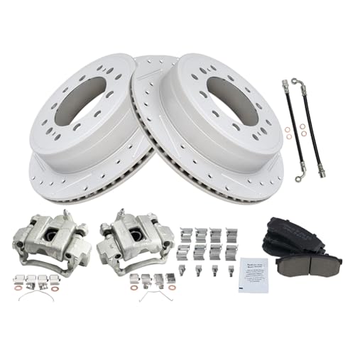 Image of TRQ Performance Rear Brake Pad and Rotor Set Ceramic Slotted Drilled Calipers Compatible with 2010-2021 Lexus GX460 2010-2020 Toyota 4Runner