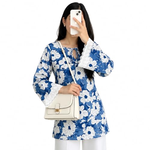 Image of Women's Floral Print Kurti with Lace Bell Sleeves, Red | Tie-Neck Detail, Bell Sleeves, Lace Trim Cuffs, Ethnic Wear