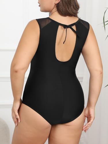 CUPSHE Women's One Piece Swimsuit Plus Size Bathing Suit Mesh Crew Neck Swimwear Back Tie2