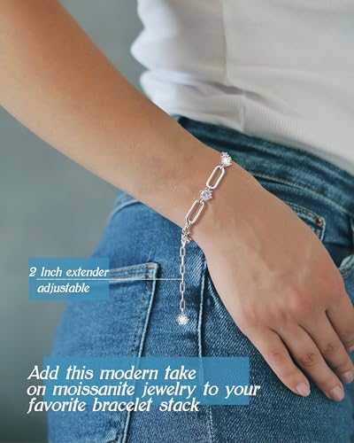 6-Stones Moissanite Link Bracelet, 6.5mm D Color VVS1 Moissanites 925 Sterling Silver Paperclip Link Bracelet, 6.1" + 2" Adjustable Chain for Women Birthday Gifts - Gold2