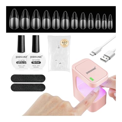 JODSONE - Kit Completo de Uñas de Gel con 480 Tips Largos en Forma de Almendra, Lámpara UV/LED Mini Recargable, Pegamento y Top Coat, para Manicura DIY, Regalo para Mujeres
