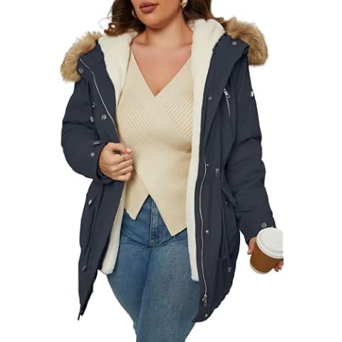 Geschallino Women's Plus Size 3 in 1 Parka Coat Zip Detachable Warm Fleece Lined Outwear with Waist Drawstring 7619 Blue 2X Cover