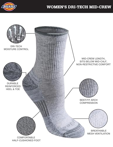 Image of Dickies Women's Dri-tech Advanced Moisture Wicking Mid-crew Socks, Available in M-l (6, 12 Pairs)