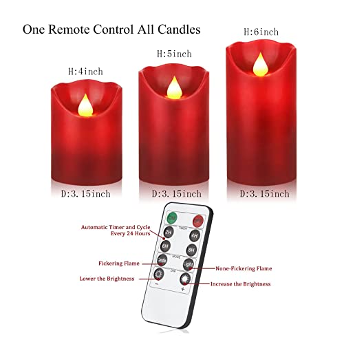 Image of YIWER Flameless Candles Set of 3, Φ3.15 xH 4 inch /5 inch /6 inch Real Wax Not Plastic Pillars Include Realistic Dancing LED Flames and 10-Key Remote Control with 2 /4 /6 /8-hours Timer Function,300+ Hours (3x1, Red)