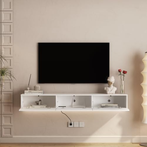 Ferand 67" Floating TV Stand Wall Mounted with 16 Color LED Lights, Modern Wall Mounted TV Cabinet Entertainment Center for 55–65 Inch TVs, Floating Media Console with Storage, White Finish