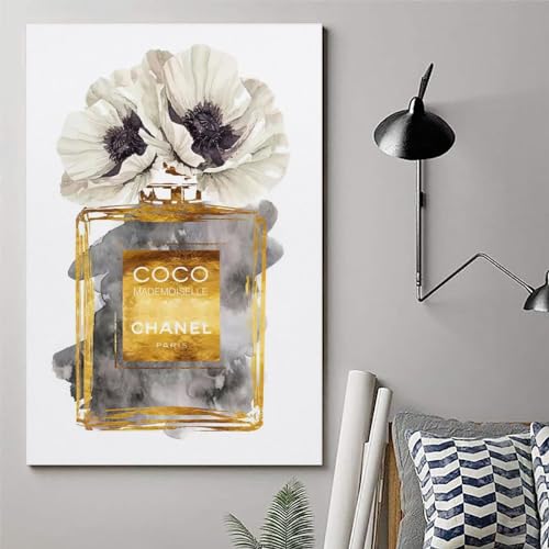 Image of BanLaArt Fashion Perfume Bottle Dark Gold With Dark Grey & White Poppy Canvas Print Poster Decorative Painting Canvas Wall Art Picture Print Modern Family Bedroom Decor 16x24inch(40x60cm), style-4