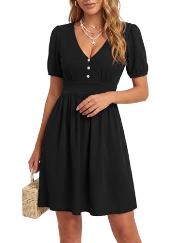 Image of Rooscier Women's Puff Short Sleeve V Neck Button Ruffle A Line Beach Mini Dress