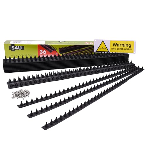 S4U Fence Wall Spikes Garden Security Guard Anti-Pigeon Cat Bird Spikes Intruder Pest Deterrent 50 x 4.5 x 1.5cm Warning Sign & Screws Included (5m 10pcs - Black)