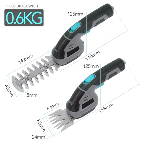 Ecobuild 8V Akku Heckenschere & Grasschere 2-in-1, Mini Gartenschere mit 2 Klingen, 2000mAh Lithium-Ionen Akku, Rasenkantenschere & Astschere für Hecken, Rasen und Garten