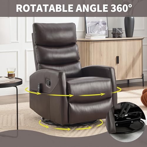 Image of Manual Swivel Rocker Recliner Chair for Adults, Overstuffed Reclining Glider Chair for Nursing with Vibration Massage & Heat, Living Room Rocking Recliner 3-Stage backrest, Faux Leather Brown
