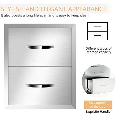 Image of Outdoor Kitchen Double Drawers 14 inch W x 15 inch H x 23 inch D Inches BBQ Drawer Stainless Steel Access Drawers with Exquisite Handle for Outdoor Kitchen Island or Grill Station