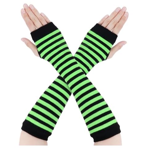Goth Arm Warmers Emo Punk Fingerless Gloves Y2K Kawaii Arm Sleeves Halloween Costume Femboy Long Stripe Gloves Black-Light Green Cover