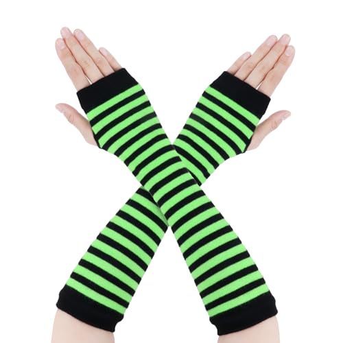 Goth Arm Warmers Emo Punk Fingerless Gloves Y2K Kawaii Arm Sleeves Halloween Costume Femboy Long Stripe Gloves Black-Light Green