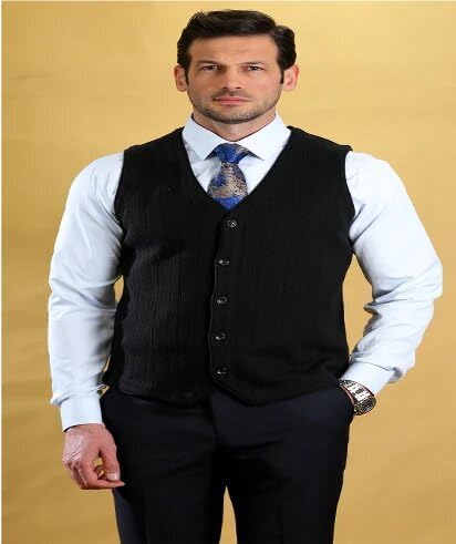 Bright Moons Men’s Button-Up Sweater Vest – Sleeveless Knit Cardigan for Business, Casual & Formal Outfits (US, Alpha, XX-Large, Regular, Regular, Black)
