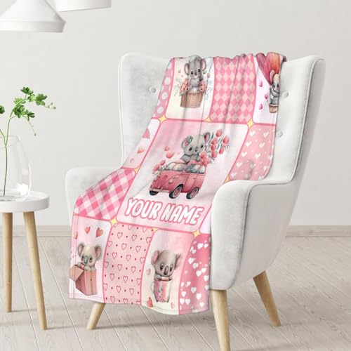 Personalized Koala Blanket Gifts with Name - 50"x60" Cute Throw for Women, Girls - Pink Soft Fuzzy Blankets for Bed, Couch & Living Room