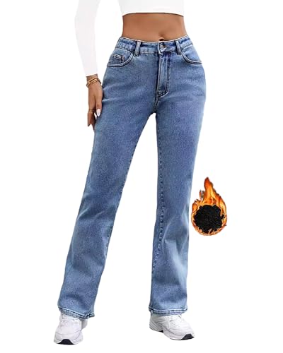 Women's Winter Fleece Lined Jeans Mid Rise Stretchy Thermal Straight Leg Denim Pants