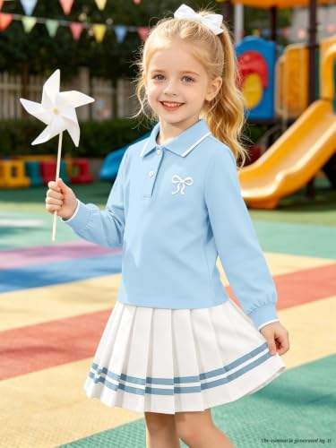 Image of Betusline Girls Skirt Set Long Sleeve Polo & Pleated Skirt, 4-14Y