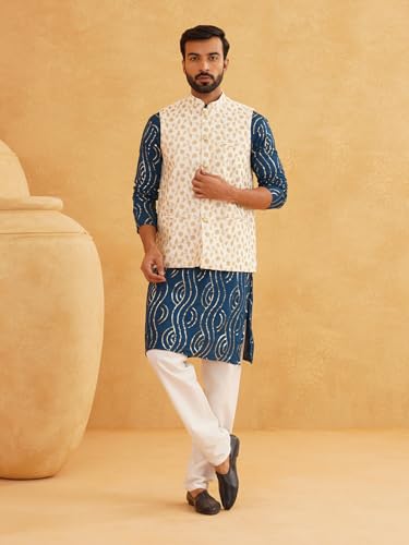 Image of SOJANYA (Since 1958 Men's Pure Cotton Teal Blue Kurta and White Pyjama with Beige Embroidery Nehru Jacket