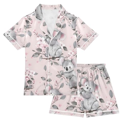 ALAZA Cute Koala Blossom Leaf Pajamas Satin Pajama Set Short Sleeve Button Down Sleepwear