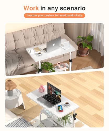 Image of QZMDSM Portable Desk with Wheels Small Standing Desk on Wheels Adjustable Height Rolling Desks for Small Spaces, 32 inch Computer Desks with Storage Shelves for Home Office Study White
