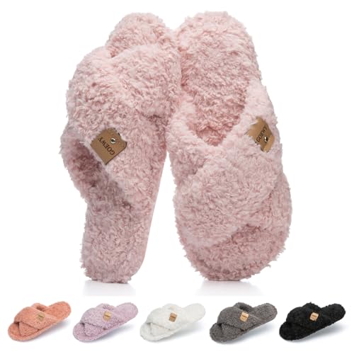 Zapatillas de Casa Mujer Verano, Pantuflas Mujer Antideslizantes Pelo Suave, Zapatos de Estar por Casa Abiertas Transpirables, Slippers Mujer Cómodas con Diseño de Lazo Cruzado(Rosa claro 38/39)