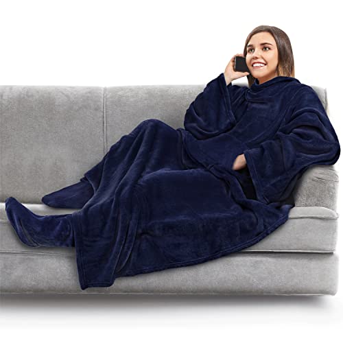 PAVILIA Fleece Blanket with Sleeves, Foot Pockets for Women Men Adults, Plush Wearable Blanket Throw Wrap, Warm Snuggle Blanket Robe, Cozy Gift Ideas Wife Mom, Navy Blue