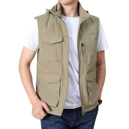 Chaleco para exteriores casual con sombrero y múltiples bolsillos de corte delgado informal