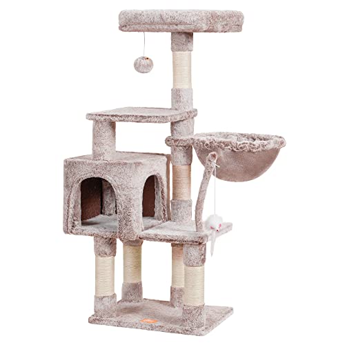 Image of Heybly Cat Tree with Toy, 43.3 inch Cat Tower for Indoor Cats HCT004SMU | Cat Condo with Durable Sisal Scratching Posts, Cat House with Padded Plush Perch, Cozy Hammock, Rosy Brown