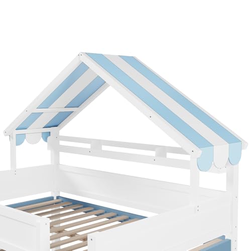 Image of Full Size House Loft Bed with Canopy Roof and Storage, Perfect for Kids' Bedroom, Sleepovers & Organized Living (White+Blue)