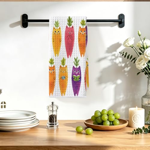 Image of Hanamiya Na Funny Carrot Cat Kitchen Towels 24x14 Inch, Veggie Cats Reusable Dish Towels for Kitchen Bathroom Decor, Waffle Weave Hand Cloth Tea Towel, Cat Lover Gifts for Women Girls Friend