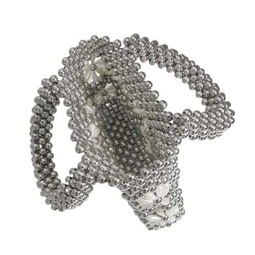 Image of Women Beaded Handbags Elegant Handmade Weave Purse Crystal Pearl String Tote Bags for Banquet Wedding Cocktail