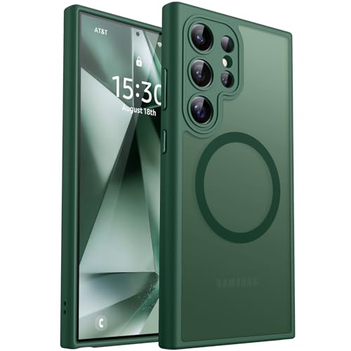 CANSHN Designed for Samsung Galaxy S24 Ultra Case [Full Camera Protection] [Compatible with MagSafe] Translucent Matte Shockproof Protective Phone Cover 6.8 Inch - Deep Green