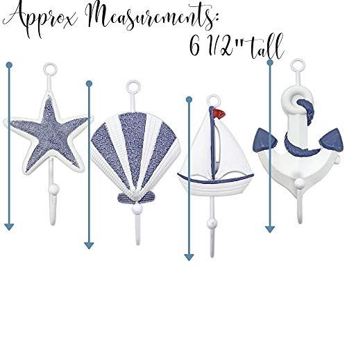 Coat Towel Hooks for the Wall - Nautical Hooks - Starfish - Shell - Anchor and Sail Boat - Beach Hangers for Towels, Robes, Aprons, Hats - Ocean Wall Art - /set of 4 - 6 1/2"H X 3 1/2"W. - Image 2