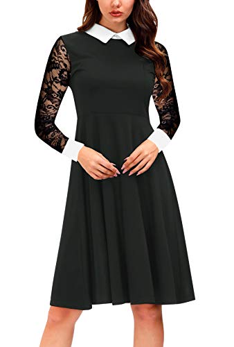 Lace Sleeve Dresses Women Wednesday Addams Dress Pater Pan Collar Fit and Flare Skater Cocktail Dresses M