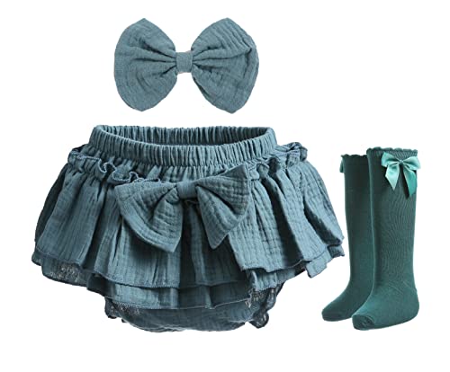 Image of Newborn Baby Girl Cotton Skirts with Built-in Shorts Toddlers Ruffle Diaper Covers Infant Skorts with Bows Headband Set