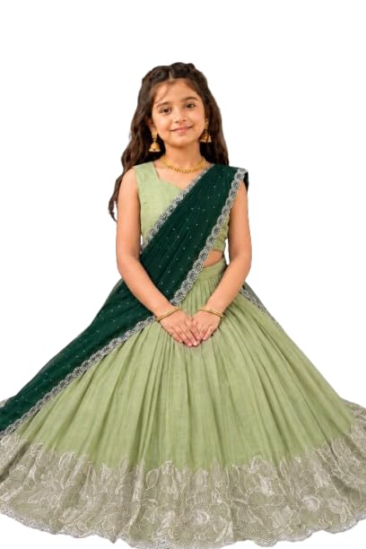 Image of Kids Chiffon Lehenga Choli, Embroidered Elephant and Floral Print, Festive Ethnic Wear with Dupatta