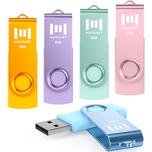 MOSDART 8GB USB2.0 Flash Drive, with Keychain Loop, Swivel Design with LED Light, FAT32 Memory Stick for Computers, System Backup, Data Storage, Pastel Color(Pack of 5)