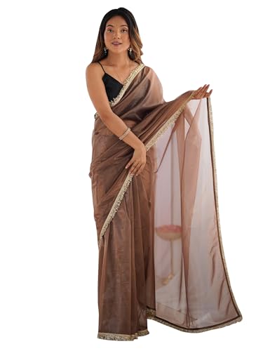 Image of AKHILAM Women's Shimmer Net Solid Saree With Unstitched Blouse Piece