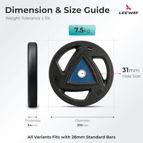 Image of LEEWAY Standard Barbell Weight Plates (7.5kg x 2) | 31mm Hole | Tri Grip Handle Gym Plates for Home Workout | Rubber Coated | Barbell & Dumbbell Compatible (Black, 7.5kg Pair (7.5X2))